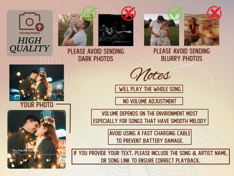 May include: A graphic with instructions for photo uploads. It includes text such as "Upload Photo High Quality" and "Please Avoid Sending Dark Photos." There are also examples of acceptable and unacceptable photos.
