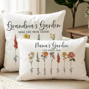 Regalo para abuela, regalo de cumpleaños personalizado para mamá, funda de almohada de algodón, regalos para mamá con flores de nacimiento, funda de almohada con diseño de jardín de la abuela, regalos para el Día de la Madre