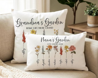 Grandmas Garden Pillow Case, Birth Flower Mom Gifts, Grandma Gift, Personalized Mom Birthday Gift, Cotton Pillow Cover, Mother’s Day Gifts