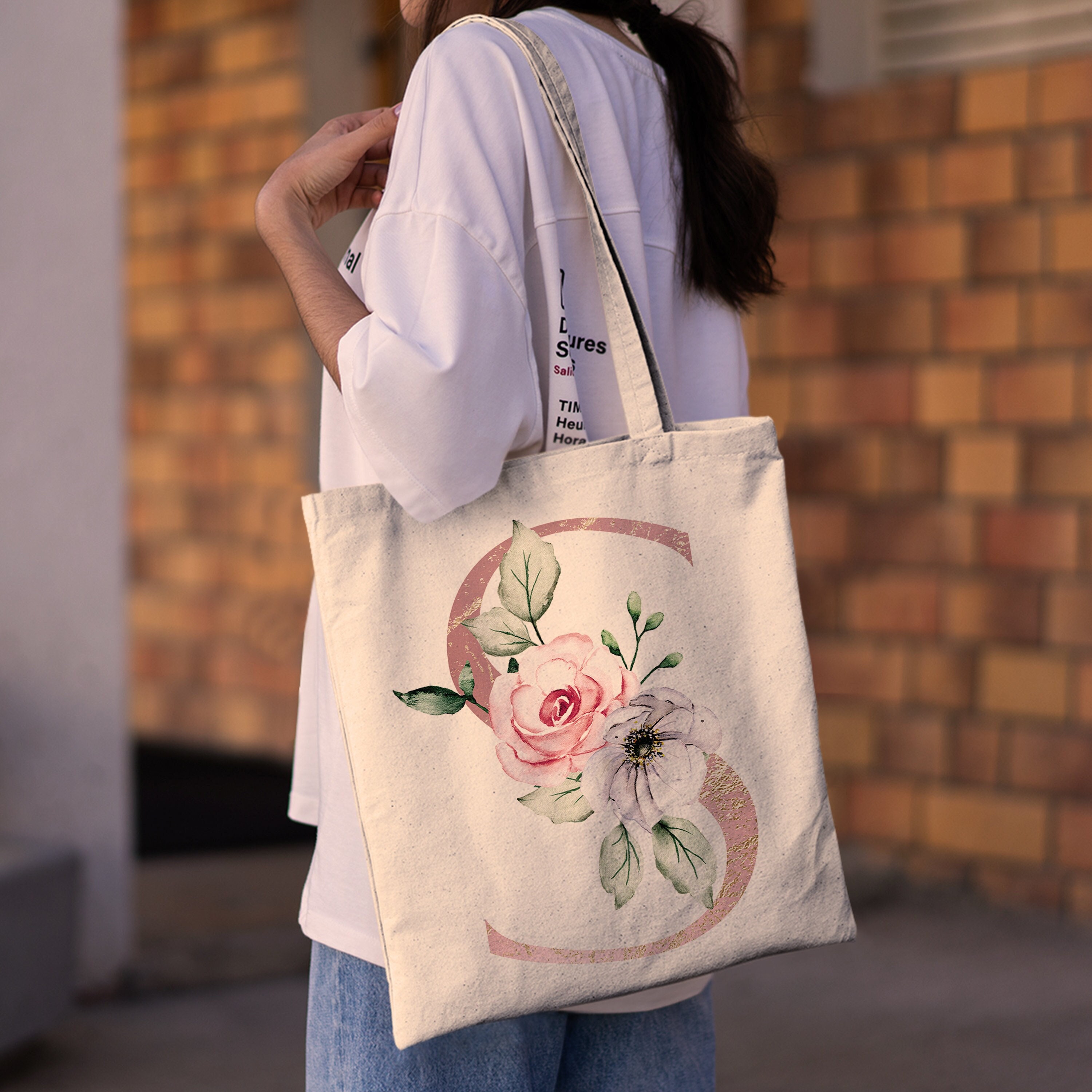 Name & Initial Embroidered Large Canvas Tote Bag