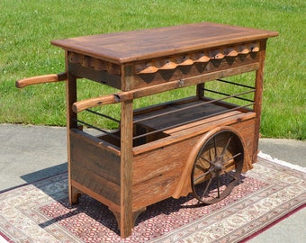 Wormy Chestnut/Oak Barn Wood Island /Tea Cart - *Pickup ONLY in NC*- Handmade, Custom Fringe & Skirt, 3 Hidden Drawers, Repurposed Parts