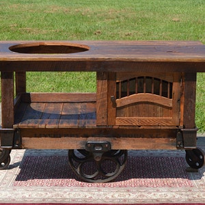 Big Green Egg Grill Table/Stand -**Pickup Only in NC**- Wormy Chestnut & Oak Barn Wood - Repurposed Lineberry Factory Cart, Period Hardware