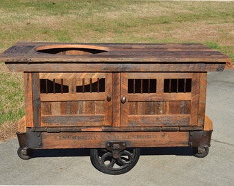 BGE Egg Grill Island Table -**Pickup Only in NC**- Handmade 2-Door Cart, Reclaimed Barn Wood, Repurposed Parts, Lineberry Factory Cart Base