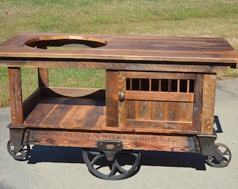 BGE Egg Grill Table/Stand Cabinet - **Pickup Only in NC** - Reclaimed Oak Barn Wood, Fretwork, Repurposed Parts, Lineberry Factory Cart