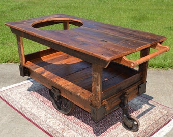 Big Green Egg Grill Table/Stand - **Pickup Only in NC**- Solid Oak Barn Wood - Repurposed Antique Factory Lineberry Cart, Original Hardware