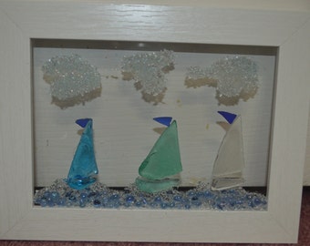 5 X 7 Coastal Sea Glass Sailing Summer Winds Sailboats Framed Beach Window