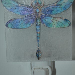 May include: A blue and green dragonfly nightlight with a white switch. The dragonfly is on a clear glass base.