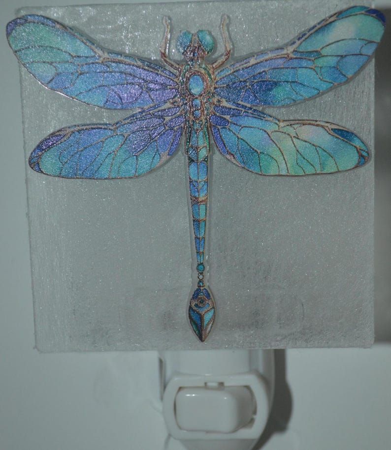 May include: A blue and green dragonfly nightlight with a white switch. The dragonfly is on a clear glass base.