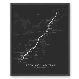 May include: A black and white map of the Appalachian Trail in the United States. The trail is marked with a white line and the names of the states it passes through are listed. The text "Appalachian Trail - United States -" is at the bottom of the map.