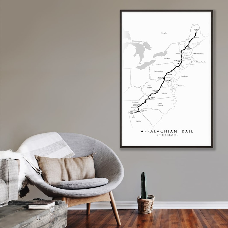 May include: A black and white map of the Appalachian Trail in the United States. The trail is marked with a thick black line. The map shows the states the trail passes through, including Georgia, North Carolina, Virginia, Maryland, Pennsylvania, New Jersey, New York, Massachusetts, Vermont, Maine.