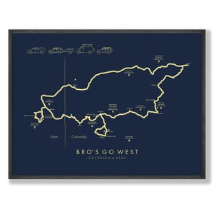 May include: Framed map print with a dark blue background and a yellow route tracing the Colorado and Utah landscape. The text "BRO'S GO WEST - COLORADO & UTAH-" is centered at the bottom. Four vehicle illustrations are at the top.