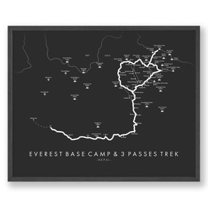 Campamento base del Everest y tres pases - Póster de Jiri Trek / Campamento base del Everest y tres pases -Mapa de Jiri Trek / Senderismo en el Himalaya / Arte del mapa de senderos