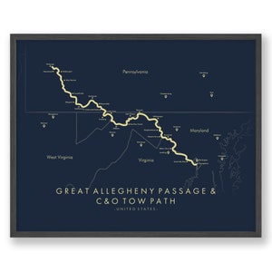 Grand passage d'Allegheny (GAP) et chemin de halage du canal de Chesapeake et de l'Ohio (C&O) | Art mural vélo | Revivez vos aventures | Illustration de la carte du sentier