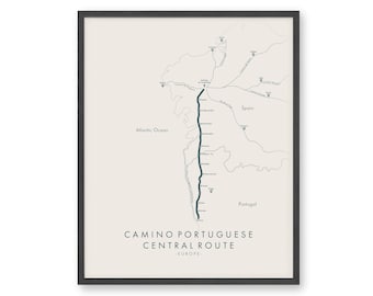 Camino Portuguese - Central Trail Map | Camino Portuguese Central Way Poster |  Camino de Santiago Hiking Trail Map | Trail Map Art