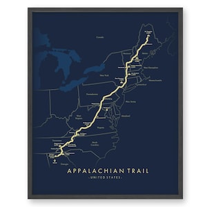 May include: A map of the Appalachian Trail in the United States, with a gold line tracing the trail's route and markers for key points along the way. The map is on a dark blue background.