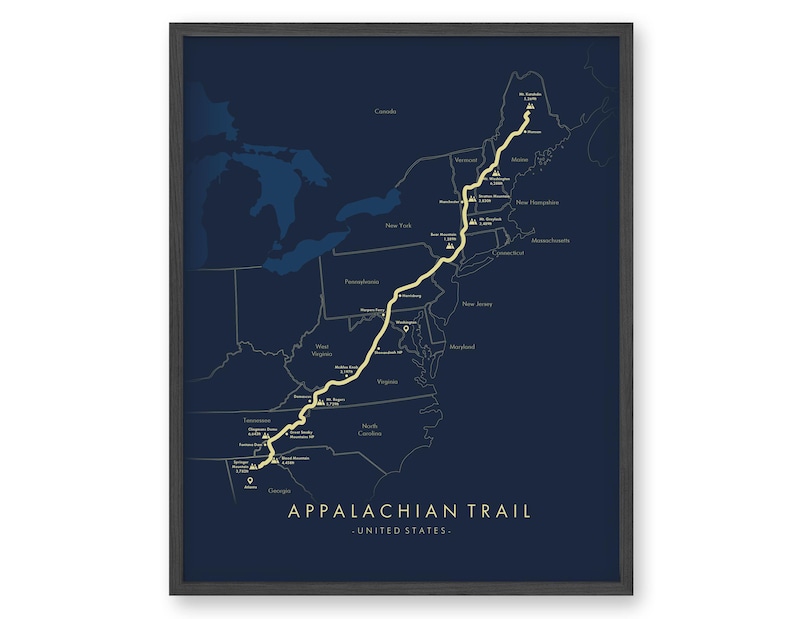 May include: A map of the Appalachian Trail in the United States, with a gold line tracing the trail's route and markers for key points along the way. The map is on a dark blue background.