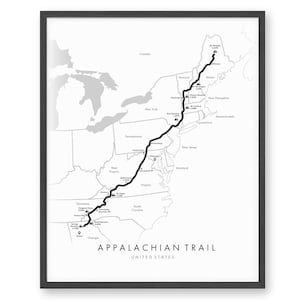 May include: A black and white map of the United States showing the Appalachian Trail, a long-distance hiking trail that runs from Georgia to Maine. The trail is marked in black and the states are outlined in gray. The text "Appalachian Trail - United States" is at the bottom of the map.