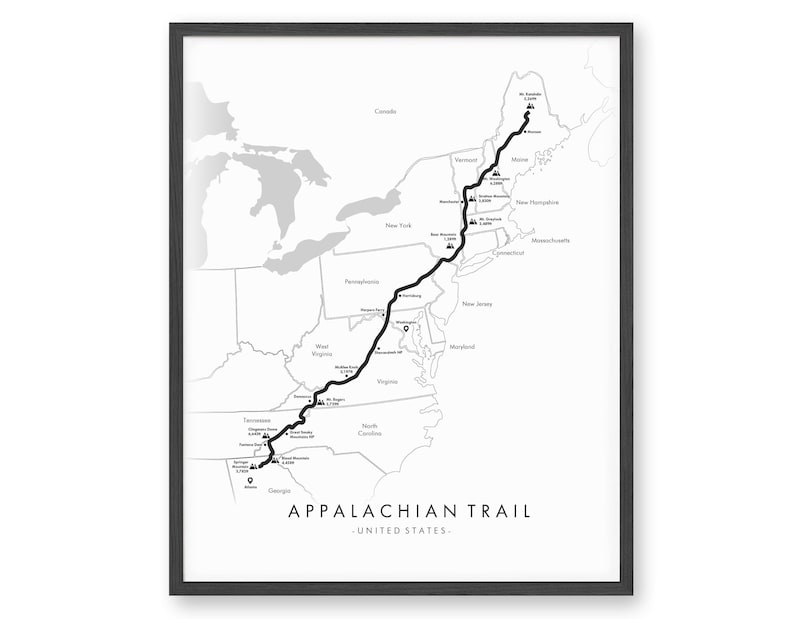 May include: A black and white map of the United States showing the Appalachian Trail, a long-distance hiking trail that runs from Georgia to Maine. The trail is marked in black and the states are outlined in gray. The text "Appalachian Trail - United States" is at the bottom of the map.