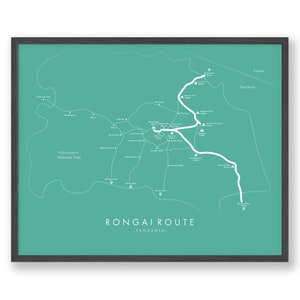 Carte du trajet Rongai | Affiche de la Route Rongai | Affiche de randonnée du Kilimandjaro | Randonner dans le Kilimandjaro | Carte des sentiers Art | Revivez vos aventures