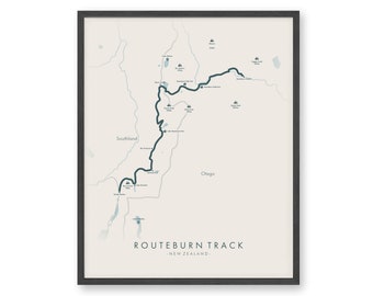 Affiche Routeburn Track | Carte des pistes de Routeburn | Trekking en Nouvelle-Zélande | Revivez vos aventures | Art mural randonnée | Illustration de la carte du sentier