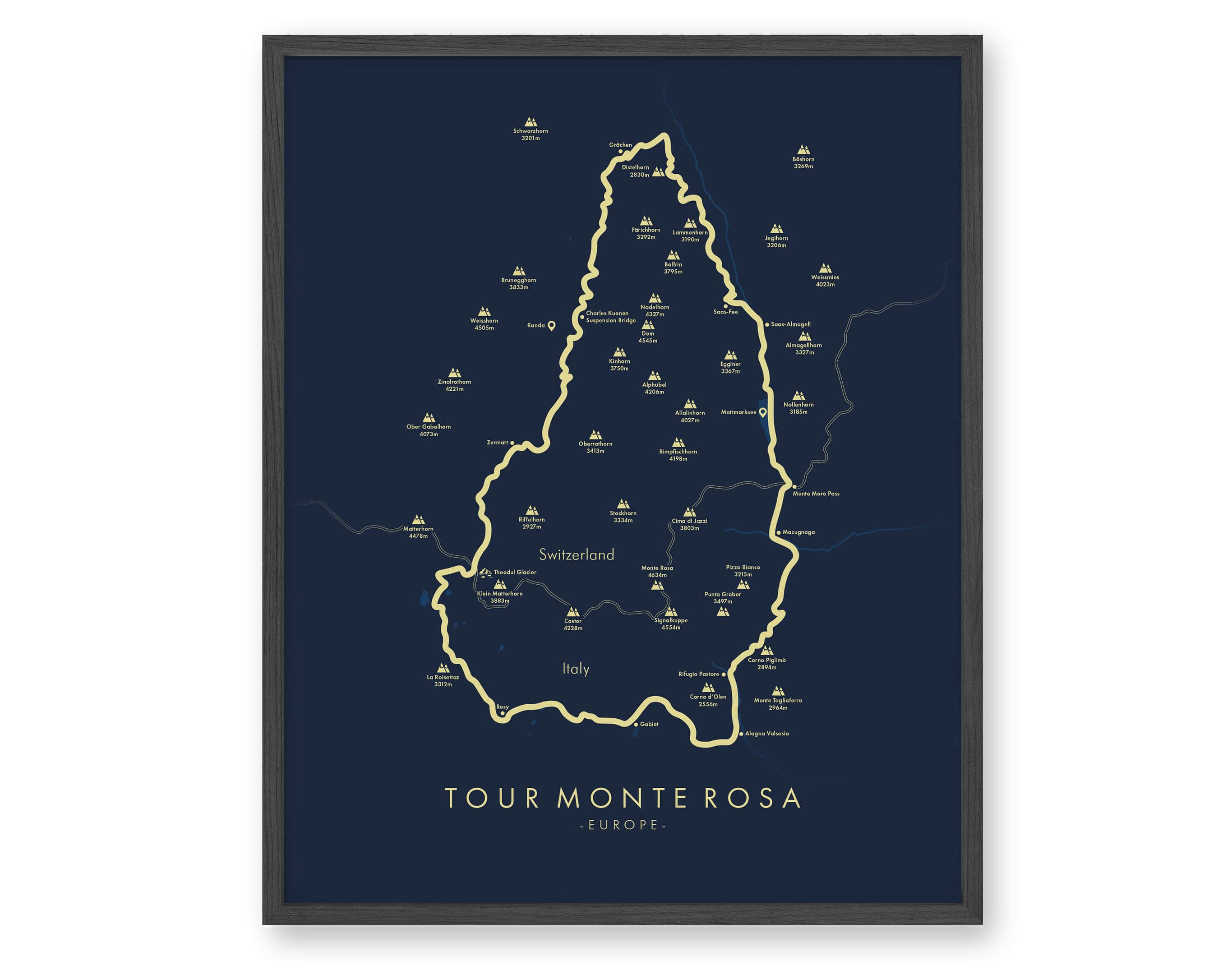 Tour Monte Rosa Map Tour Monte Rosa Poster Hiking Europe - Etsy