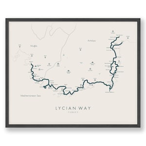 Carte de la Voie Lycienne | Affiche du sentier Lycian Way | Affiche de randonnée dinde | Revivez vos aventures | Carte des sentiers Art