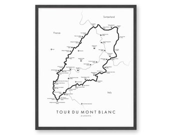 Tour du Mont Blanc Landkarte | Mont Blanc Wanderweg Karte |  TMB Poster | Tour du Mont Blanc | Wanderkarte Kunst