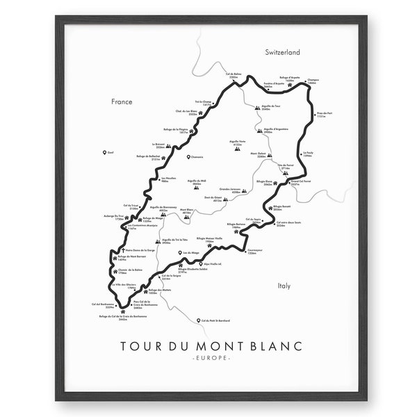 Carte du sentier Tour du Mont Blanc | Carte des sentiers de randonnée du Mont Blanc |  | d’affiches TMB tour du Mont Blanc | Art de la carte des sentiers