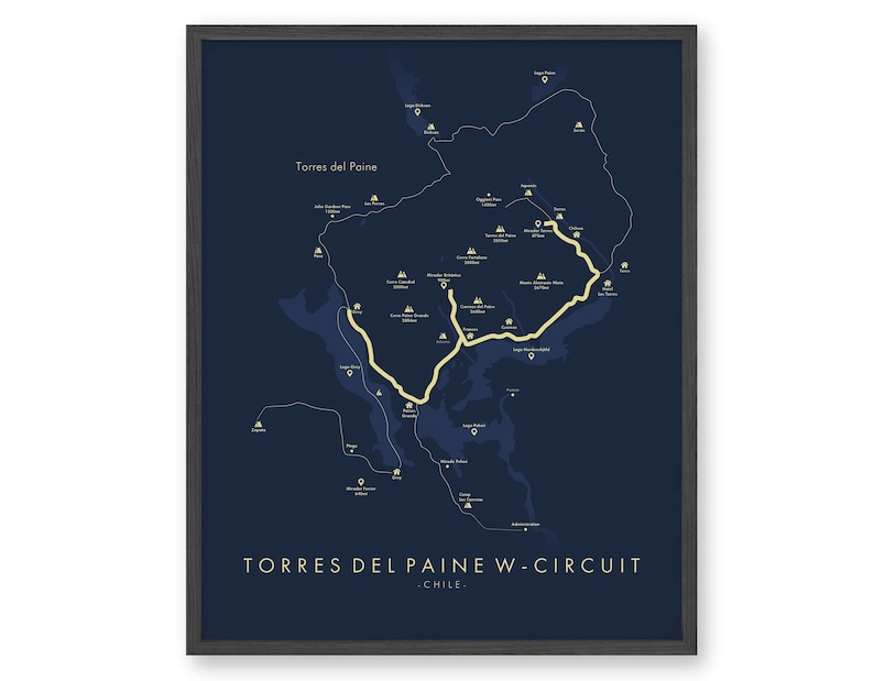May include: A blue and white map of the Torres del Paine W-Circuit in Chile. The map shows the hiking trail, campsites, and other points of interest.