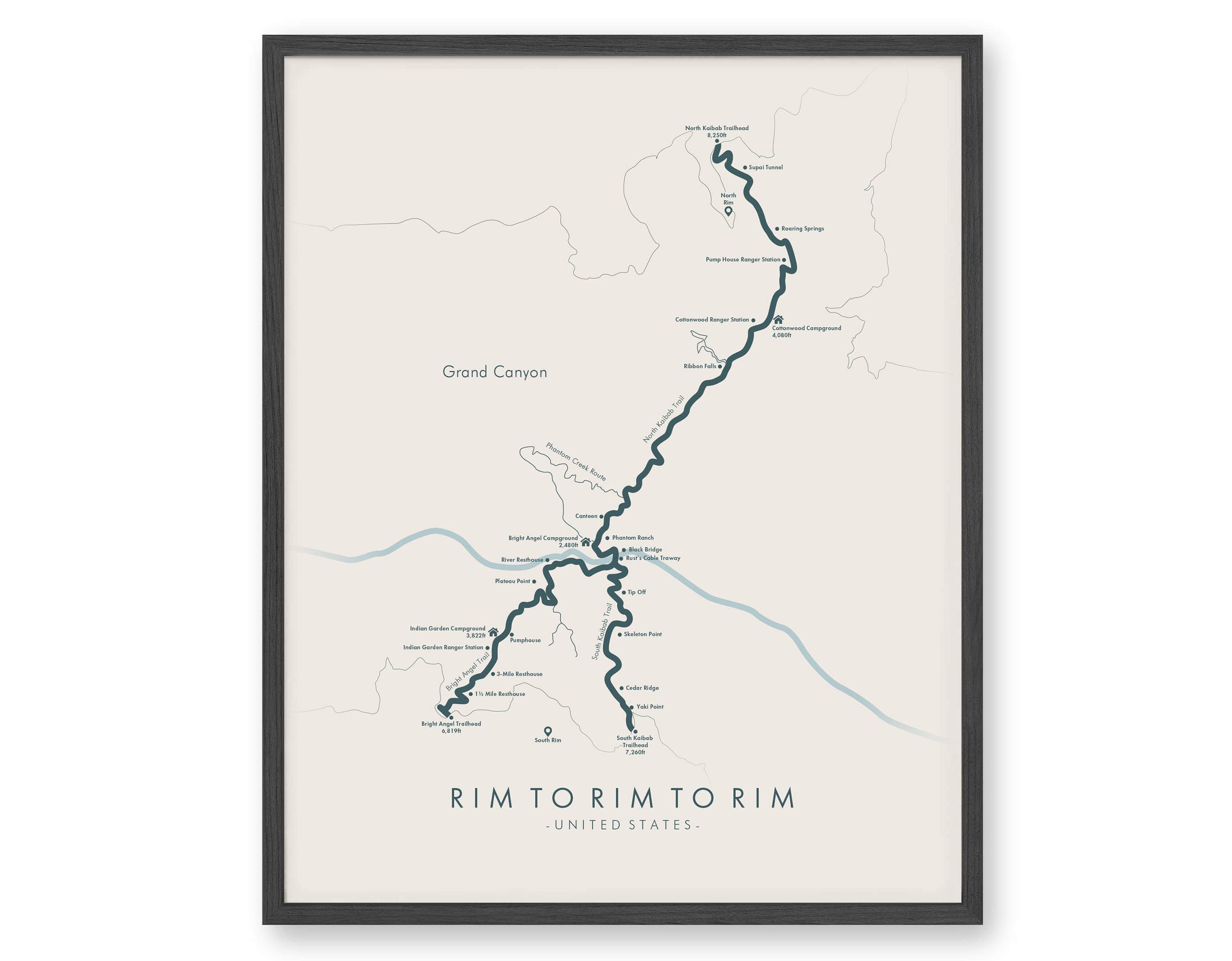 Rim to Rim to Rim Trail Map | Rim to Rim to Rim Hiking Trail Poster ...