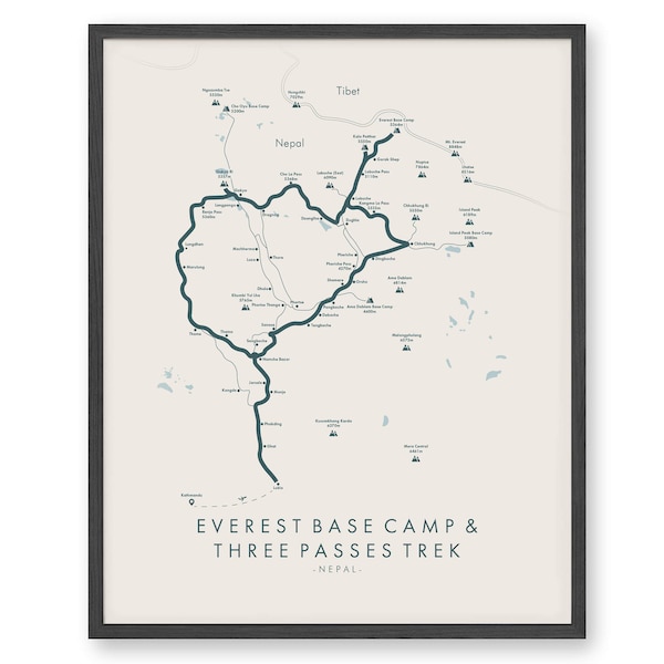 Camp de base de l’Everest et affiche de trek des Trois Passes | Camp de base de l’Everest et carte de trek des Trois Passes | Randonnée dans l’Himalaya | Carte des sentiers Art