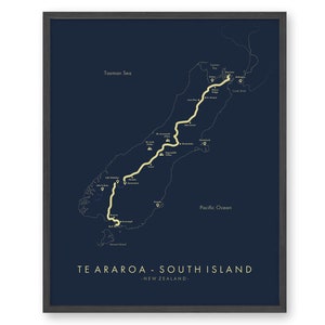 Te Araroa - Poster | op het Zuidereiland Te Araroa - Zuidereiland Track Map | Nieuw-Zeeland Trekking | Wandelen Wall Art | Routekaart Art