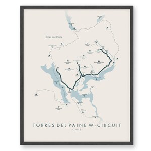 May include: A map of the Torres del Paine W-Circuit in Chile, with a blue and black trail marked on it. The map shows the location of various lakes, mountains, and campsites.