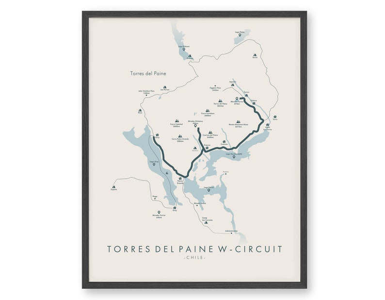 May include: A map of the Torres del Paine W-Circuit in Chile, with a blue and black trail marked on it. The map shows the location of various lakes, mountains, and campsites.