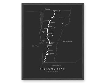 May include: A black and white map of the Appalachian Trail, also known as the Long Trail, with the trail highlighted in white. The map shows the trail's route through the states of Maine, New Hampshire, Vermont, Massachusetts, Connecticut, New York, and New Jersey. The map also includes the names of the states and some of the major cities and towns along the trail.