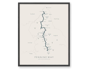 Affiche Pennine Way | Carte du circuit Pennine Way | Décoration murale randonnée britannique | Randonnée dans le nord de l'Angleterre | Revivez vos aventures | Illustration de la carte du sentier