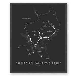 May include: A black and white map of Torres del Paine W-Circuit in Chile. The map shows the hiking trail and various points of interest.