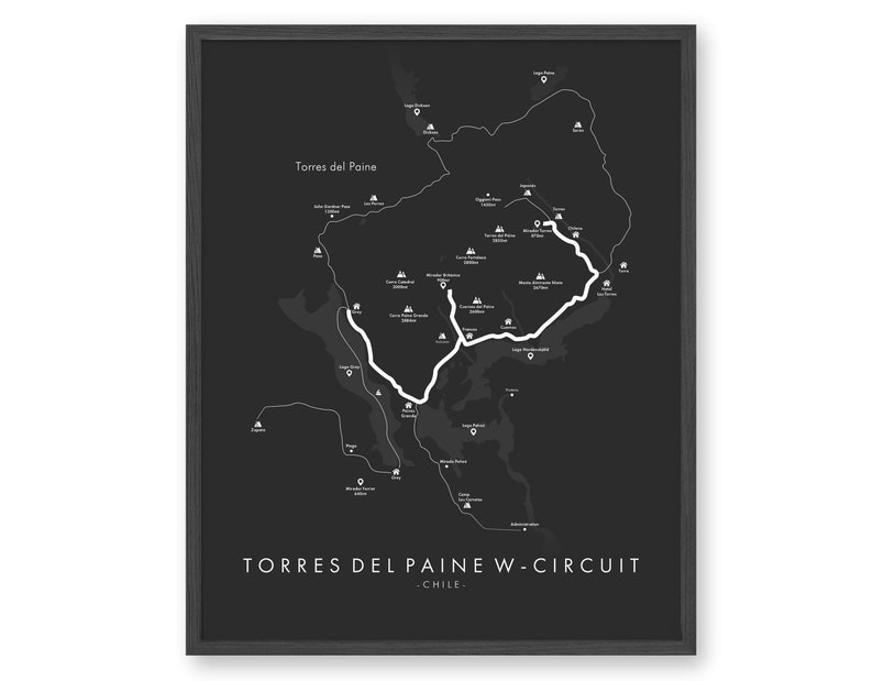 May include: A black and white map of Torres del Paine W-Circuit in Chile. The map shows the hiking trail and various points of interest.