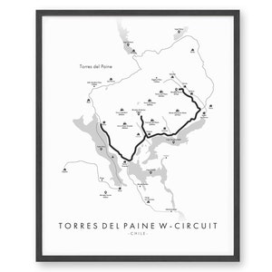 May include: A black and white map of Torres del Paine National Park in Chile, showing the W-Circuit hiking trail. The map includes various points of interest, such as campsites, refuges, and viewpoints.