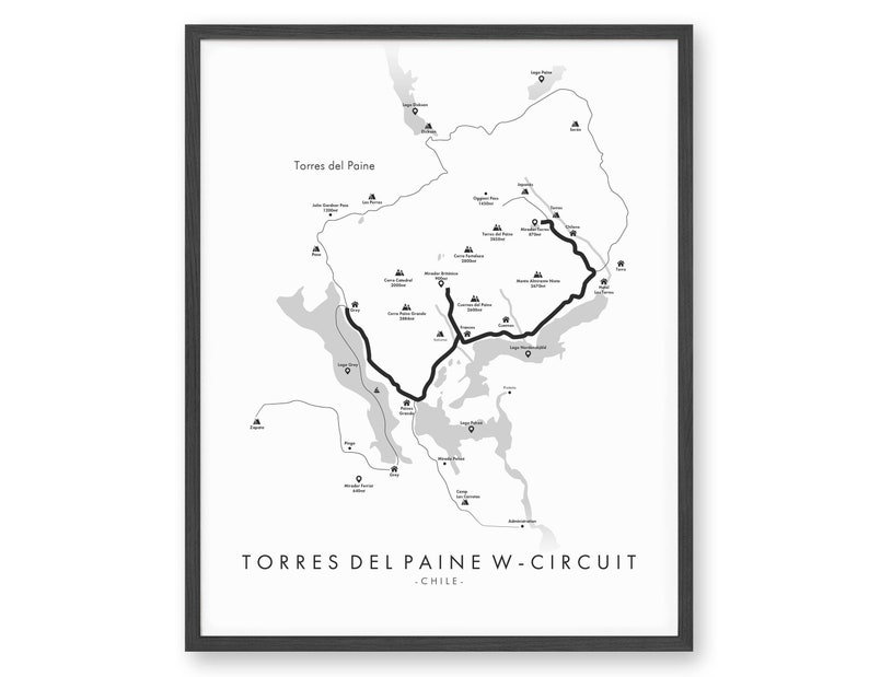 May include: A black and white map of Torres del Paine National Park in Chile, showing the W-Circuit hiking trail. The map includes various points of interest, such as campsites, refuges, and viewpoints.