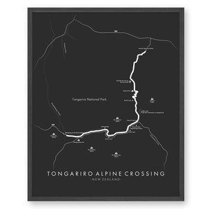 May include: A black and white map of the Tongariro Alpine Crossing in New Zealand. The map shows the trail, key landmarks, and elevation changes. The text "Tongariro Alpine Crossing - New Zealand" is at the bottom of the map.