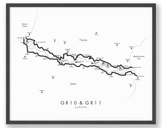 GR10 and GR11 Map | GR10 and GR 11 Trail Map | GR10 and GR 11 Loop Trail | Pyrenees Hiking | Trail Map Art | Relive your Adventures