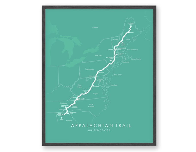 May include: A map of the Appalachian Trail in the United States, with a teal background and white lines showing the trail route. The trail starts in Georgia and ends in Maine. The map also shows the names of the states the trail passes through.