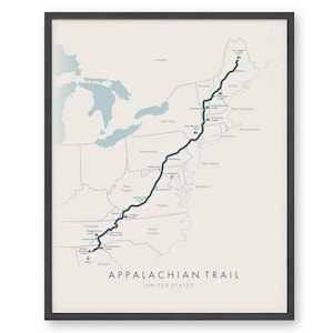 May include: A map of the Appalachian Trail in the United States. The trail is shown in dark blue, and the states it passes through are labeled. The map is on a beige background.