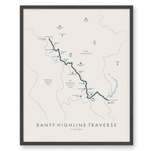 Carte de Banff Highligh Traverse | Affiche de randonnée à Banff | Affiche des Rocheuses canadiennes | Randonnée pédestre Canada | Carte des sentiers Art