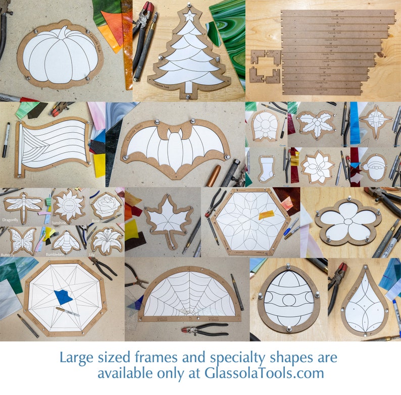May include: A selection of stained glass frame templates in diverse shapes, such as a pumpkin, Christmas tree, flag, bat, and flower. The templates are made of brown material with white outlines, alongside tools and colourful glass pieces. The text "GlassolaTools.com" is visible.