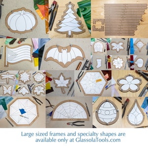 May include: A collection of various stained glass frame templates in different shapes, including a pumpkin, Christmas tree, flag, bat, and flower. The templates are made of brown material with white outlines and are accompanied by tools and colorful glass pieces. The text "GlassolaTools.com" is visible.