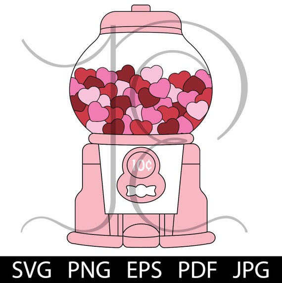 Valentines Day Pink Gumball Machine, Candy Hearts Digital Download.