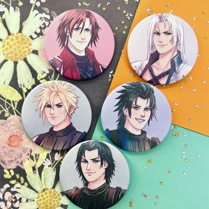 May include: Four round button pins featuring anime characters with different hairstyles and clothing. The buttons are on a colorful background with flowers and stars.