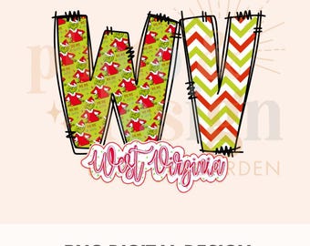 May include: A digital design featuring the letters "WV" in a whimsical style. The "W" is filled with a pattern of a green character in a Santa suit, while the "V" has a red and green chevron design. The words "West Virginia" are written below.